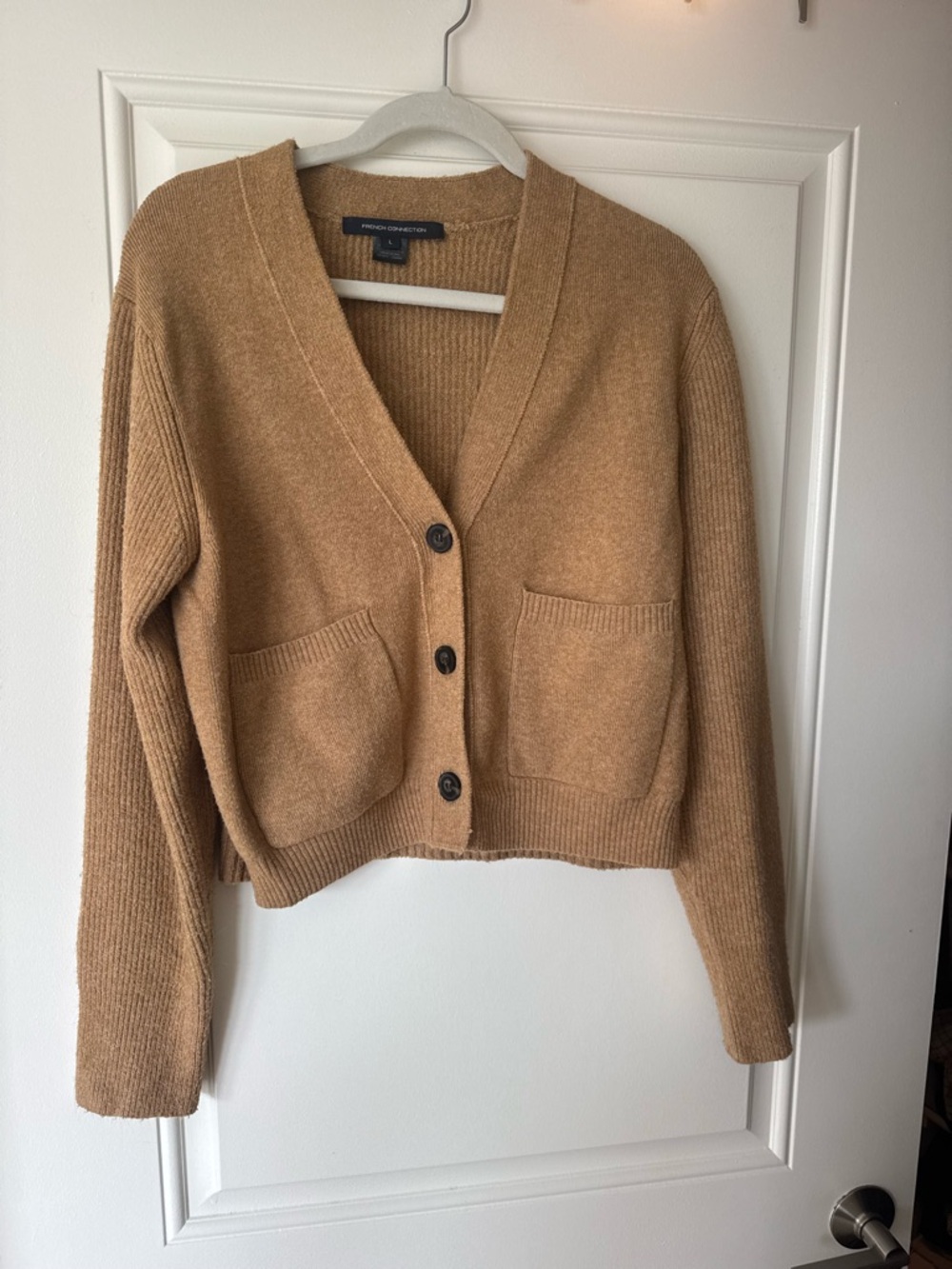 French Connection Cropped Camel Button-Front Pocket Cardigan